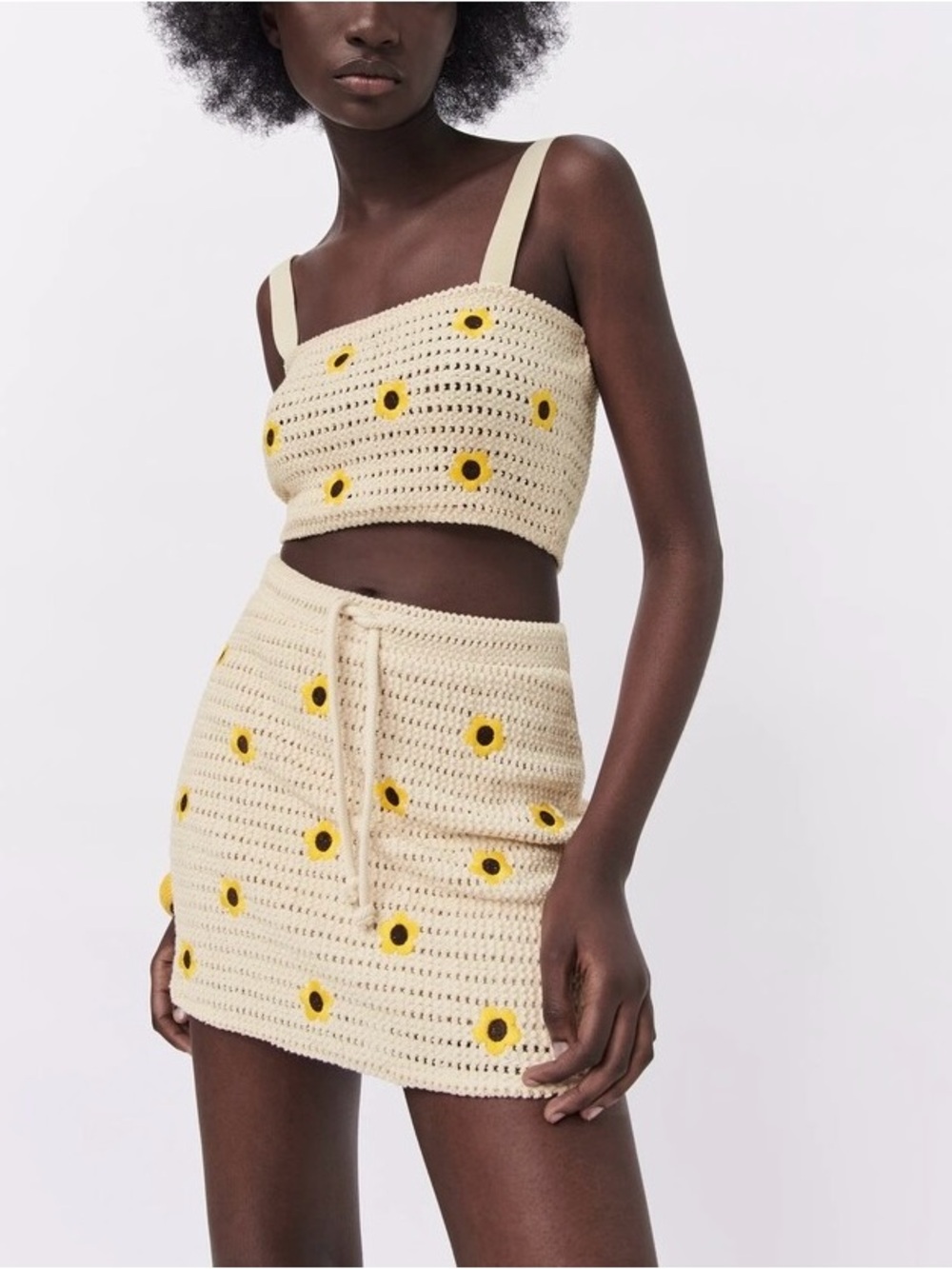 Zara Sunflower Crochet Knit Skirt Ivory Embroidered Boho Festival Cottagecore
